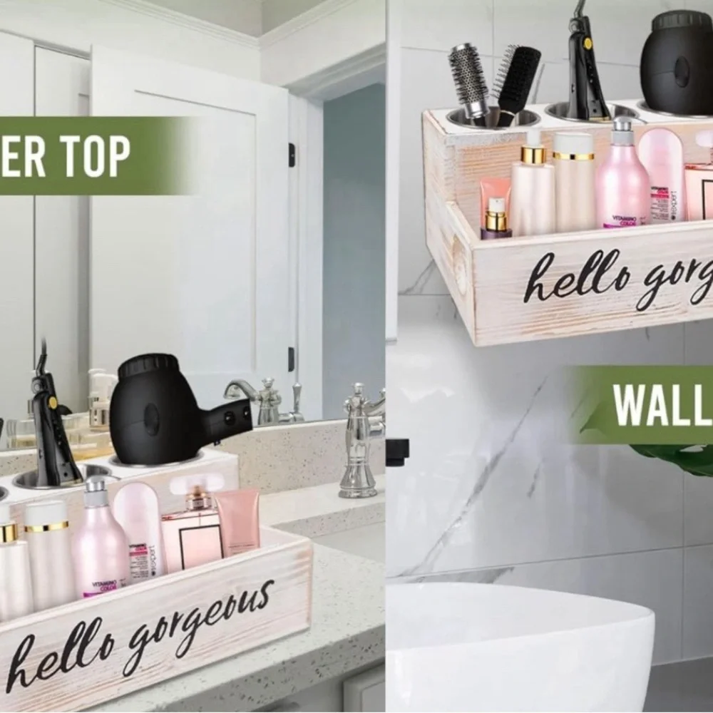 Gorgeous Black Wood Rustic Wall Mounted Storage Hair Tool Organizer with Hooks